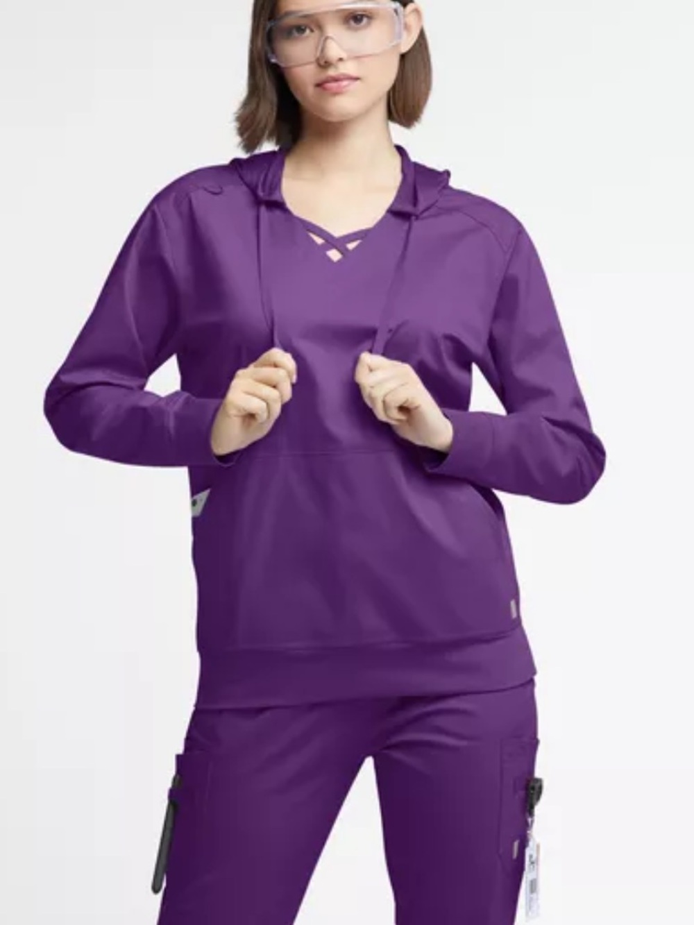 Butter Soft Women Scrub Top Purple V-Neck Pullover Hoodie with Crisscross Detail